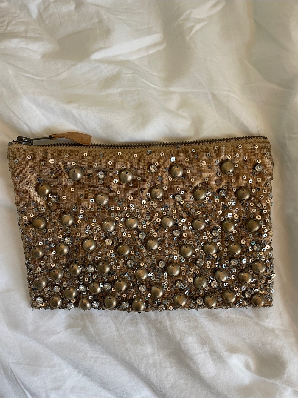 Anthropologie Beaded Tan Embellished Zip Pouch